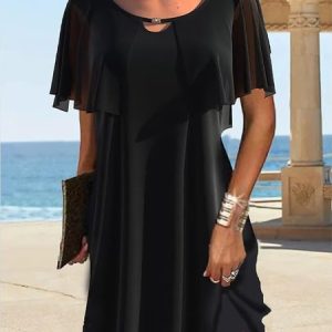 Crew Neck Casual Loose Plain Plain Mesh Cut Out Crew Neck Mini Dress Active Fashion Daily Holiday Short Sleeve Regular Fit Black Summer Dress, Formal Dresses, color:Black|size:XXL, JustFashionNow