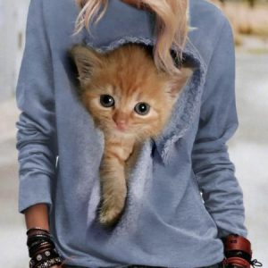 Cat Printing Knitted Casual T-Shirt, T-Shirts, color:Blue|size:XXL, JustFashionNow
