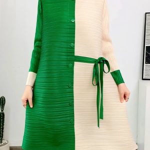Micro Pleat Loose Stand Collar Urban Dress With Belt, Mini Dresses, color:Green|size:XXL, Stylewe