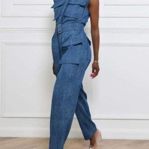 Plain Urban Regular Fit Faux Denim Bib Pants With Belt, Jumpsuits, color:Blue|size:XXL, Stylewe