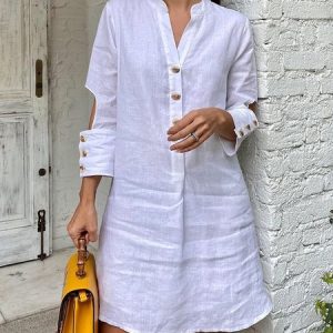 Stand Collar Casual Plain Mini Dress With No Belt, Mini Dresses, color:White|size:XXL, Stylewe