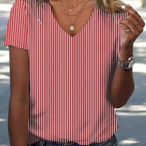 Striped Casual Loose V Neck T-Shirt, T-Shirts, color:Red|size:XXL, JustFashionNow
