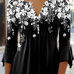 V Neck Casual Loose Floral Top, Shirts & Blouses, color:Black|size:XXL, JustFashionNow