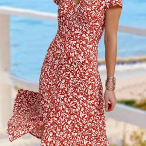 Disty Floral Short Sleeve V Neck Vacation Dress, Dresses, color:Red|size:XXL, JustFashionNow