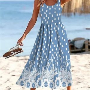 Women Polka Dots Crew Neck Sleeveless Comfy Casual Midi Dress, Midi, color:Blue|size:XXL, Noracora