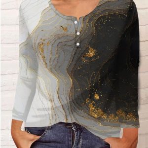 Casual Abstract Half Open Collar Long Sleeve T-shirt, T-shirts, color:Black|size:5XL, Noracora