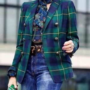 Regular Fit Urban Lapel Collar Plaid Blazer, Blazers, color:Green|size:XXL, Stylewe