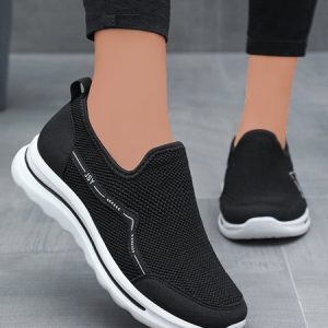 Women Breathable Mesh Fabric Split Joint Slip On Walking Shoes, Sneakers&Athletic, color:Black|size:41, Noracora