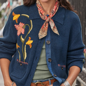 Women Yarn/Wool Yarn Floral Long Sleeve Comfy Boho Cardigan, Cardigans, color:Dark Blue|size:XXL, Noracora