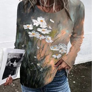 Casual Floral Crew Neck Long Sleeve T-shirt, T-shirts, color:Color3|size:5XL, Noracora
