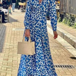 Ethnic Casual Shawl Collar Dress, Dresses, color:Blue|size:XXL, JustFashionNow