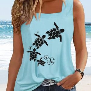 Women's Cotton  Sea Turtle Square Neck Casual Tank Top, color:Light Blue|size:XXL, Lilicloth.com