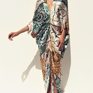 Deep V Neck Ethnic Loose Batwing Sleeve Dress, Maxi Dresses, color:As Picture|size:XXL, Stylewe