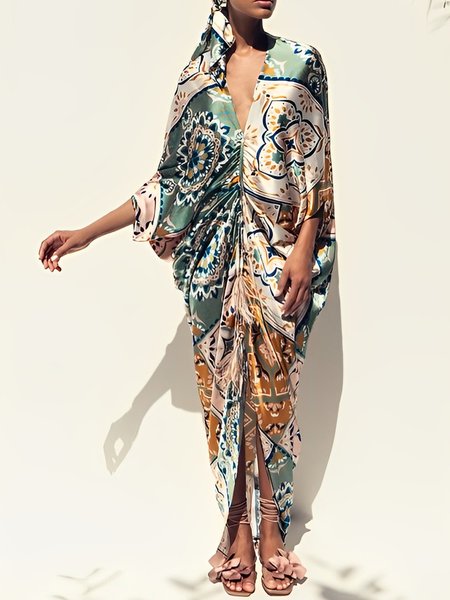 Deep V Neck Ethnic Loose Batwing Sleeve Dress, Maxi Dresses, color:As Picture|size:XXL, Stylewe