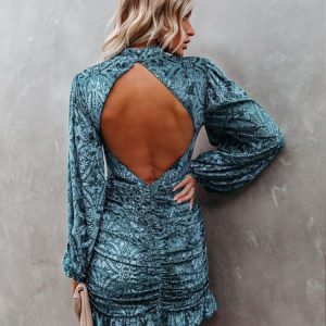 Women Plain Stand Collar Long Sleeve Comfy Casual Short Dress, Short, color:Blue|size:XL, Noracora