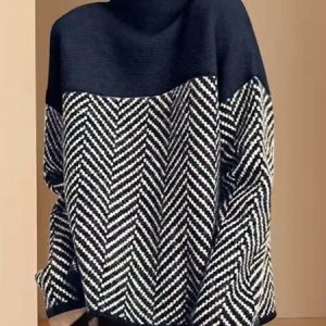 Color Block Loose Urban Turtleneck Sweater, Pullovers, color:Blue|size:XS, Stylewe
