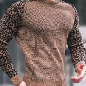 Men's Vacation Casual Ethnic Pattern Stitching Long Sleeve T-Shirt High Elasticity, T-Shirts, color:Deep Khaki|size:3XL, JustFashionNow