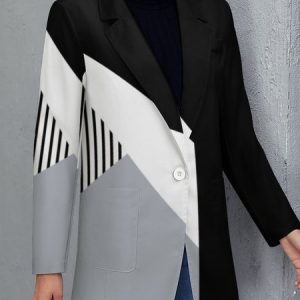 Lapel Collar Long Sleeve Color Block Regular Regular Fit Blazer For Women, Blazers, color:Multicolor|size:XXL, Noracora