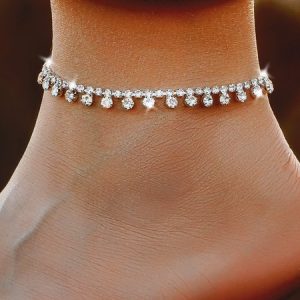 Boho Style Diamond Glitter Single Layer Anklet Party Vacation Beach Jewelry, Anklets, color:Silver|size:One-size, JustFashionNow