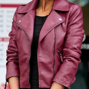 Shawl Collar Long Sleeve Plain Zipper Regular Loose Leather & Faux Leather For Women, Coats, color:Wine Red|size:5XL, Noracora