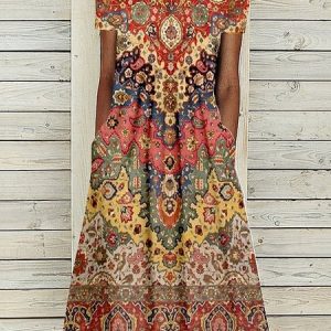Ethnic Knitted Loose Casual Crew Neck Dress, Midi, color:Red|size:XXL, Noracora