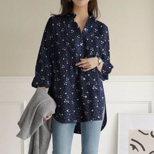 Disty Floral Vintage Blouse With No, Shirts, color:Navy Blue|size:5XL, Noracora