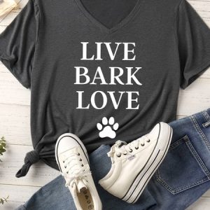 Women's Live Bark Love Matching V Neck T-Shirt, color:Gray|size:XXL, Lilicloth.com