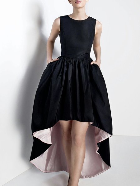 Elegant Crew Neck Satin Regular Fit Party Dress, Midi Dresses, color:Black|size:XXL, Stylewe