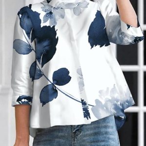 Floral Urban Printing Half Turtleneck Blouse, Blouses and Shirts, color:white-blue|size:XS, Stylewe