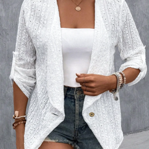 Casual Lace Shawl Collar Plain Jacket, Cardigans, color:White|size:4X, JustFashionNow