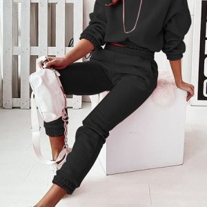 Women Plain Hoodie Long Sleeve Comfy Casual Top With Pants Two-Piece Set, Jumpsuits&Rompers, color:Black|size:XL, Noracora