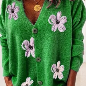 Floral Casual Cardigan, Sweaters, color:Green|size:XXL, JustFashionNow