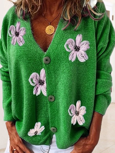 Floral Casual Cardigan, Sweaters, color:Green|size:XXL, JustFashionNow