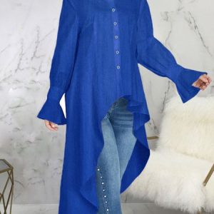 Loose Shirt Collar Plain Urban Faux Denim Blouse, Denim Skirts, color:Blue|size:XXL, Stylewe