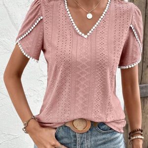 Casual Lace V Neck Plain Shirt, Shirts & Blouses, color:Pink|size:XXL, JustFashionNow