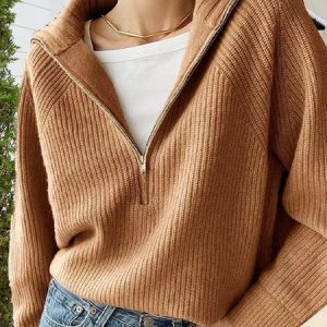Women Plain Long Sleeve Comfy Casual Zipper Sweater, Sweaters, color:Camel|size:XXL, Noracora