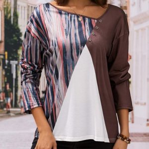 Plain color block stripe loose button top T-shirt, T-Shirts, color:Navy Blue|size:3XL, JustFashionNow