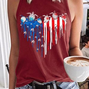 Women's Turtles Flag Of America Heart Print Casual Tank Top, color:Red|size:3XL, Lilicloth.com