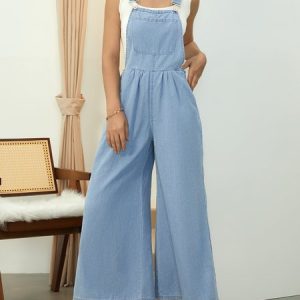 Regular Fit Casual Plain Denim Denim Bib Pants, Denim Jumpsuits, color:Blue|size:XXL, Stylewe