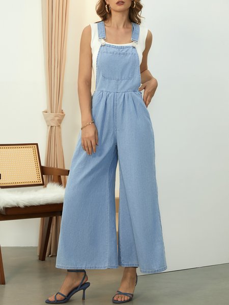 Regular Fit Casual Plain Denim Denim Bib Pants, Denim Jumpsuits, color:Blue|size:XXL, Stylewe
