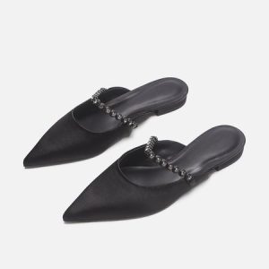 Rhinestone Satin Silver Pointed Toe Mules, Flats, color:Black|size:40, Stylewe