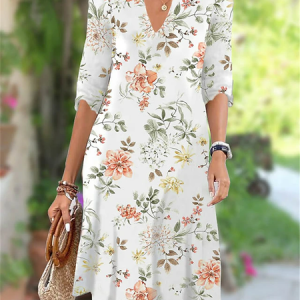 V Neck Casual Regular Fit Floral Dress, Dresses, color:White|size:XXL, JustFashionNow