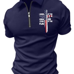 MenвЂ™s I Kneel At The Cross And Stand At The Flag Regular Fit Casual Polo Shirt, T-shirts, Lilicloth.com