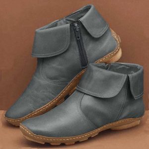 Women Christmas Hemmed Zip Casual Plain Round Toe Short Boots With Flat Heel, JustFashionNow Boots, color:Gray|size:43,