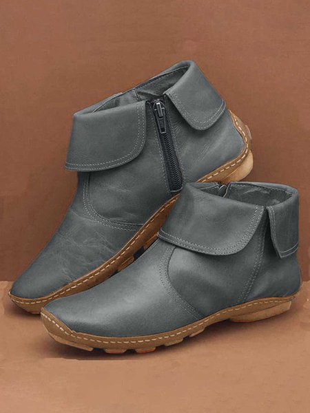 Women Christmas Hemmed Zip Casual Plain Round Toe Short Boots With Flat Heel, JustFashionNow Boots, color:Gray|size:43,