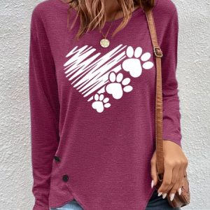 Women's Dog Paw Heart Casual Letters Top, color:Burgundy|size:3XL, Lilicloth.com