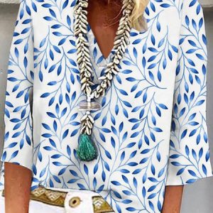Leaves Loose Casual Short Sleeve Top, Blouses, color:white-blue|size:XXL, Noracora