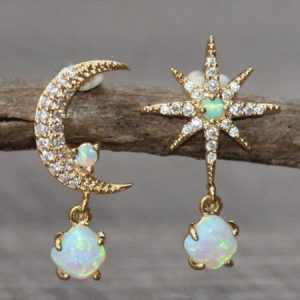 Vintage Diamond Star Moon Shaped Opal Moonstone Earrings Beach Vacation Wind Ethnic Jewelry, Earrings, color:Golden|size:One-size, JustFashionNow