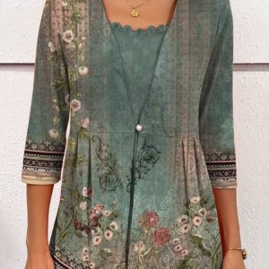 Fake 2-in-1 Ethnic Print Design Knit Top, Shirts & Blouses, color:Green|size:XXL, JustFashionNow