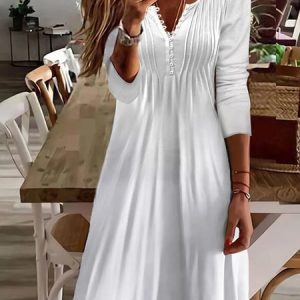 JFN Crew Neck Casual Plain Buttoned Knitted Long-sleeve Mini Prom Dress, Dresses, color:White|size:XXL, JustFashionNow